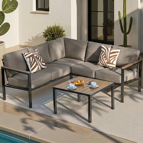 NATURAL EXPRESSIONS 6 Pieces Patio Furniture Set, Outdoor Sofa with Thick Olefin Cushions, Fauxwood Armrest and Tabletop, Ergonomic Highback, Outdoor Sectional Furniture for Backyard, Deck, Shale