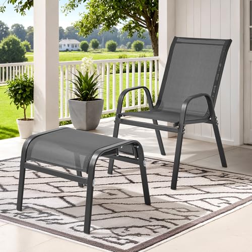ONBRILL Outdoor Ottoman Set of 2, All Weather Outdoor Foot Stool with Supportive Textliene and Metal Frame, Stackable Oversized Outdoor Foot Rest for Furniture Patio Garden Pool, Grey