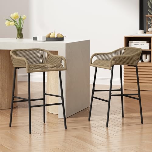 Christopher Knight Home Outdoor Patio Rope Weave Iron Barstools, Powder Coated Iron Frame Barstools, Black Brown, Set of 2