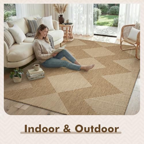 MontVoo-Outdoor Rug Carpet Patio Rug 5x7 ft Polypropylene Indoor Outdoor Rugs for Patio Deck Balcony Porch, Textured Weave, Durable for High Traffic, Fade-Resistant, Boho Geometric Neutral Brown