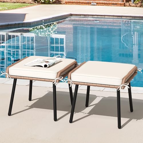 YITAHOME 2-Piece Outdoor Wicker Ottoman, All-Weather Patio Rattan Foot Rest with Cushions - Beige