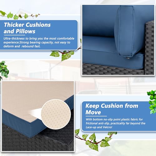 Patio Furniture Sets, 5 Piece Outdoor Sectional Sofas, Wicker Rattan Outdoor Furniture Patio Conversation Set, All-Weather PE Rattan Outdoor Couch for Backyard, Garden, Black & Aegean Blue