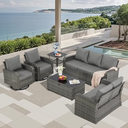 Yalissey 6 Pieces Patio Furniture Sets with Swivel Chairs, Outdoor Furniture Set Sofa Couch for Porch Deck Bistro Lawn Garden Backyard Poolsid- Grey