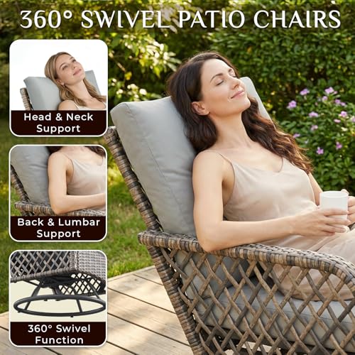 AECOJOY Patio Furniture Set Outdoor Sectional Sofa Couch and High Back Swivel Rocker Patio Chairs 6PCS Brown Wicker Conversation Set (Dark Grey, 6PCS- Whole Set)