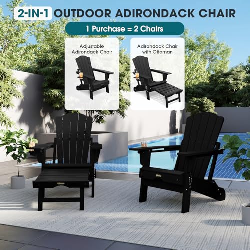 THOEOE Folding Adjustable Adirondack Chairs with Ottoman & 1 Cup Holders, HDEP Multifunctional Adirondack Chair with Footrest,Black
