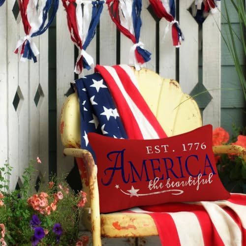 RABUSOFA 4th of July Patriotic Signs Throw Pillow Covers 12x20 Inch,Red White and Blue Memorial Day Outdoor Independence Day Fourth of July Lumbar Cushion Case Decoration for Home