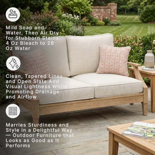 Signature Design by Ashley Clare View Coastal Outdoor Loveseat, Cushioned with Nuvella Fabric, Protective Finish, Eucalyptus Wood, 55.5" W x 35" D x 32" H, Beige