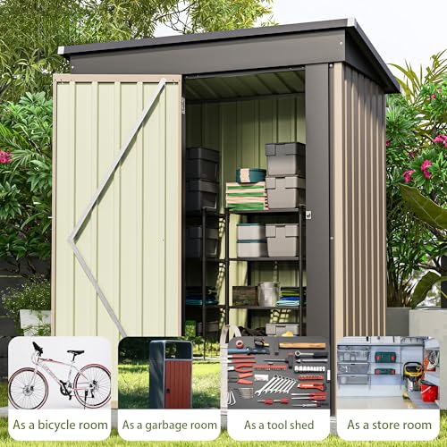 Patiowell 5x3 FT Outdoor Storage Shed, Tool Shed with Sloping Roof and Lockable Door, Metal Shed for Backyard Garden Patio Lawn, Brown
