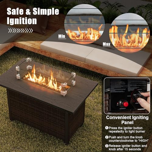 Tangkula Outdoor Propane Fire Pit Table, 42 Inch Rectangular Rattan Fire Table with Wind Guard & Glass Rocks, 50,000 BTU Smokeless Gas Fire Pit for Outside Patio (Brown)