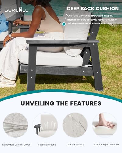 SERWALL HDPE Outdoor Patio Loveseat, All Weather Wood-Like Outdoor Sofa HDPE Outdoor Furniture, Grey Frame and Khaki Cushion