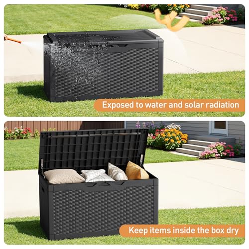 Greesum 100 Gallon Resin Deck Box Large Outdoor Storage Boxes with Cushions for Garden Tools, Patio Furniture Pillows, Pool Supplies, Black