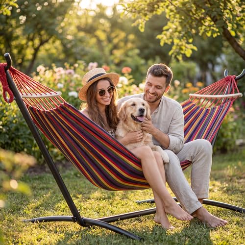 EveryFun Double Hammock with Heavy-Duty Steel Stand,Portable,Easy Assembly,600lbs Weight Capacity,Perfect for Indoor,Yard,Camping,or Outdoor-Rainbow