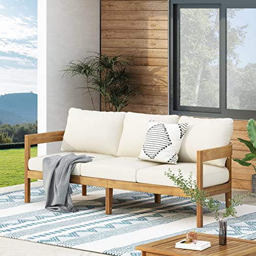 Brooklyn Outdoor 3 Seater Sofa with Cushions - Acacia Wood - Teak/Beige