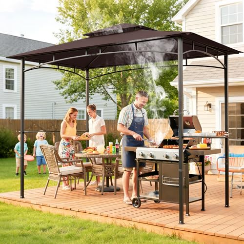 Murago 8x5 Grill Gazebo, BBQ Gazebo for Outdoor Grill, All Weather BBQ Canopy with 2 Shelves and Utensil Organizer, Steel Frame with Bottle Opener for Patio, Backyard, Grilling, Brown