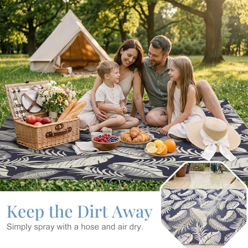 OPPODREAM Reversible Outdoor Rug 5x7, Waterproof Outdoor Plastic Straw Rug for Patio, Tropical Leaf RV Camping Rugs for Outside, Deck, Balcony, Porch, Backyard, Camping, Rv, Navy and Cream White