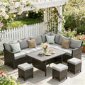 Patio Furniture Set, 7 Piece High Curved Back Outdoor Dining Sectional Sofa, All Weather Wicker Conversation Set with Ottoman