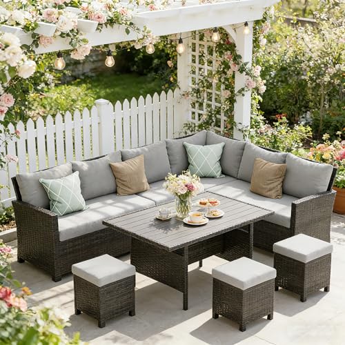 Patio Furniture Set, 7 Piece High Curved Back Outdoor Dining Sectional Sofa, All Weather Wicker Conversation Set with Ottoman