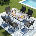 TLSUNNY 7 Piece Patio Dining Set for 6, Outdoor Table and Chairs W/1.69" Umbrella Hole & Metal Frame, 30"X 55" Rectangular Glass Table and Patio Textilene Folding Chair W/Armrests, for Deck (Black)