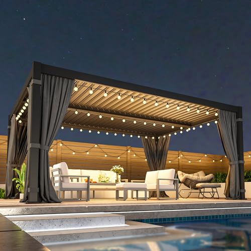 12' x 16' Louvered Pergola, Outdoor Pergola with Curtains & Netting, Metal Patio Pergola with Adjustable Louvers Roof and Gutter System, Metal Hardtop Gazebo for Patio, Deck, Garden, Yard, Dark Gray