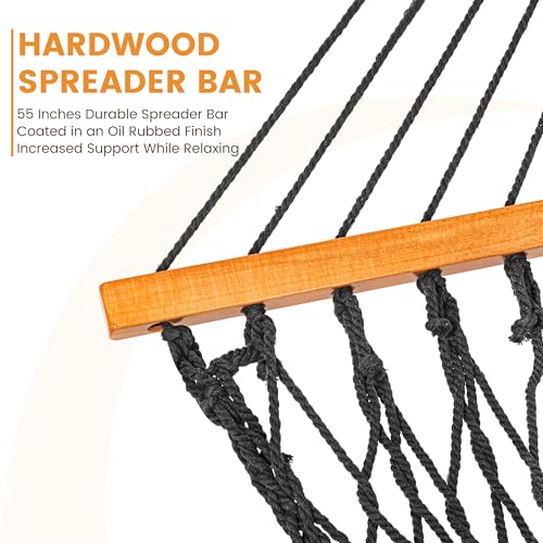 Lazy Daze Hammocks Double Rope Hammock, 2 Person Traditional Outdoor Hand Woven Cotton Rope Hammock with Spreader Bar, Carabiners, Tree Straps, Chains for Patio Yard - Max 450 Lbs, Dark Grey
