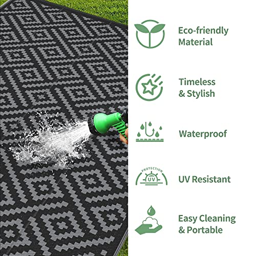 GENIMO Outdoor Rug Waterproof, 10' x 20' Reversible Plastic Straw Rug, Lightweight Large RV Camping Mat for Patio, Deck, Camper, Balcony, Backyard, Picnic, Black & Gray