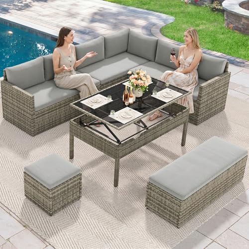 YITAHOME 9PCS Patio Furniture Set with Lift-Top Coffee Table & Ottoman, Outdoor Modular Sectional Sofa, Waterproof Patio Conversation Set, All-Weather Patio Sofa, Outdoor Couch for Deck Backyard