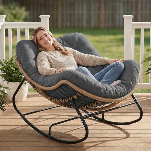 SWITTE Outdoor Papasan Rocking Chair, Oversized Patio Egg Chair with Thick Cushion, Indoor Wicker Lounge Rocker Bed for Balcony, Porch, Garden, Gray