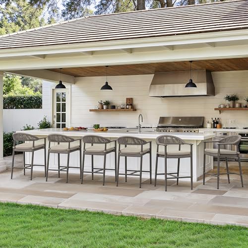 Cozyman Bar Stools Set of 4, 24.8'' Aluminum Outdoor Bar Stool with Removable Cushion, Boho Rattan BarStools, Olefin Rope Woven Bar Chairs with Footrest for Patio, Garden, Pool, Kitchen, Gray