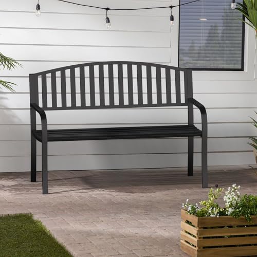 Granper Garden Bench, 50" Outdoor Bench, 660LBS Wrought Iron Porch Bench, Patio Bench with Armrests for Garden Lawn or Yard, Black