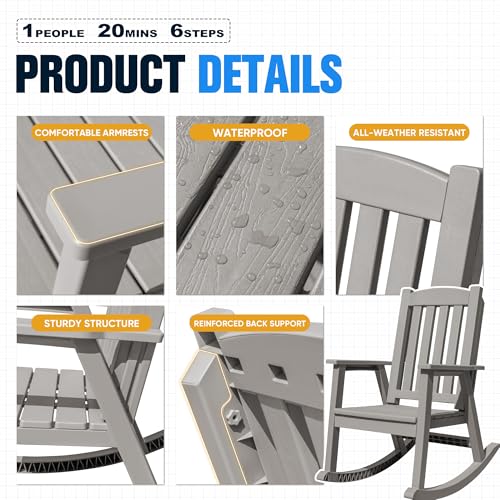 Devoko PP Material Rocking Chair Outdoor Indoor All Weather High Back Patio Rocker for Adult Heavy Duty Rocking Chair for Patio Backyard Porch Garden (Heavy Duty, Light Brown)