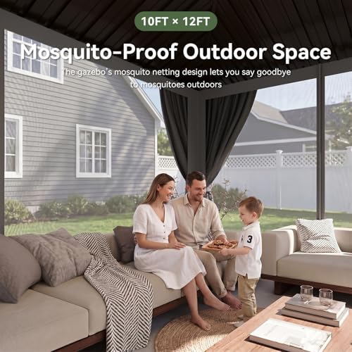 Aoxun 10x12 Gazebo Hardtop Gazebo with Double Galvanized Steel Roof Outdoor Pavilion with Breathable Netting and Privacy Curtain for Backyard (Gray)