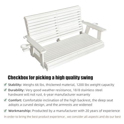 HDPE Porch Swing with 18/8 Stainless Steel Bolts, Ergonomic Design, Ultra Weather-Resistant, Heavy Duty 1200 LBS, for Outdoor Patio Garden Yard (Vanilla White)