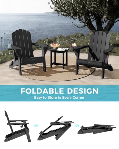 Eesdom Folding Adirondack Chair,All-Weather HDPE Fire Pit Chair with 2 Cup Holders, Plastic Outdoor Chair for Patio Deck Garden Lawn, Black