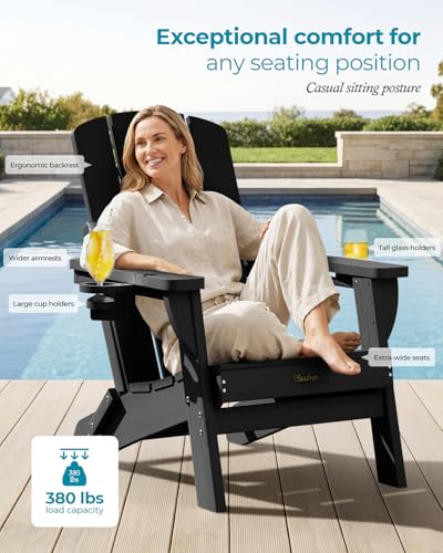 SUUNYN Folding Adirondack Chair, HDPE All-Weather Fire Pit Chairs, Plastic Adirondack Chairs with 2 Cup Holder, Outdoor Lawn Chair for Patio Garden (Black)