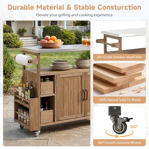 Christopher Knight Home Edsel Outdoor Bar Cart with Stainless Steel Top and Lockable Wheels, Solid Wood Outdoor Storage Cabinet, Kitchen Island Serving Cart for Poolside, Garden, Natural Brown+Silver