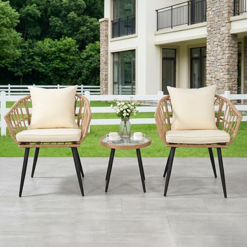 MaagorVita 3 Piece Outdoor Patio Bistro Set,All-Weather Modern Wicker Table and Chairs Set for Backyard,Deck,Poolside,Beige