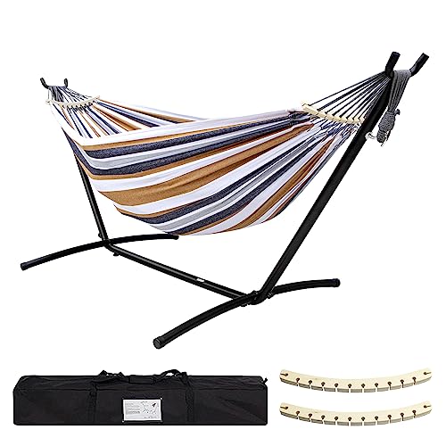 SZHLUX Double Hammock with Stand Included 450lb Capacity Steel Stand, Premium Carry Bag Included and Two Anti Roll Balance Beam, Portable Hammock with Stand for Backyard, Camping,Garden Brown Stripes