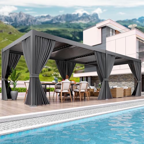 LEVELEVE 10' x 20' Louvered Pergola with Adjustable Roof, Outdoor Metal Patio Gazebo with Curtains & Netting, Gutter System, Large Hardtop Canopy for Garden, Deck, Backyard