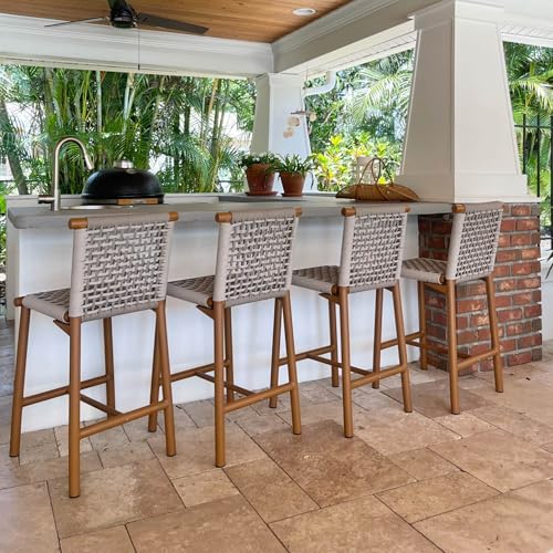 PURPLE LEAF Outdoor Counter Height Stools Set of 4 Aluminum Wicker Bar Stool with Back for Backyard Pool Lawn Kitchen Patio Metal Barstool Chairs Teak