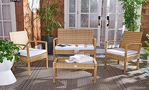 SAFAVIEH Outdoor - Bassey 4-Piece Conversation Set - Natural & White - Steel Frame with Cushion - Tropical Resort Woven Design with Glass Top Table - Ideal for Patio, Deck, Porch, Backyard (PAT7507D)