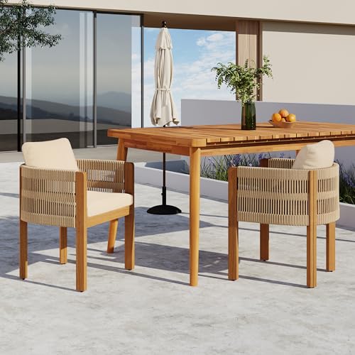 Christopher Knight Home Levi Set of 2 Outdoor Dining Chairs, Acacia Wood Patio Dining Room Chair with Waterproof Cushions, Rope-Wrapped Accents, Comfy Poolside Kitchen Chairs, Teak + Beige