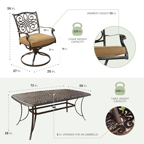 Hanover Traditions 7-Piece Patio Dining Set with 6 Swivel Rocker Chairs, Tan Cushions and Large 38"x72" Dining Table, Outdoor Dining Set for 6, Premium Weather Resistant Patio Furniture