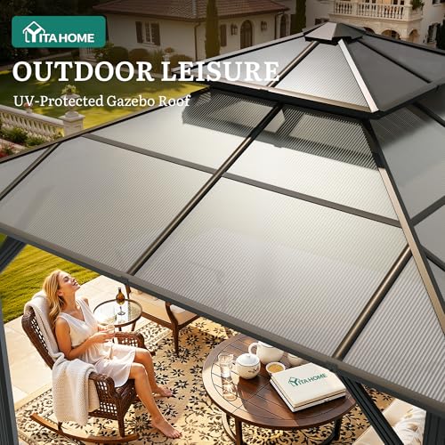 YITAHOME 10x10FT Gazebo Polycarbonate Hardtop Double Roof Canopy Outdoor with Netting and Shaded Curtains, Metal Frame Garden Tent for Patio, Backyard, Deck and Lawns, Grey