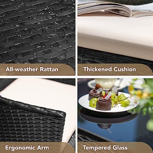 Devoko 4 Pieces Patio Porch Furniture Sets PE Rattan Wicker Chairs Beige Cushion with Table Outdoor Garden Patio Furniture Sets (Black)