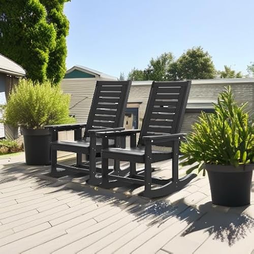 GREENVINES Outdoor Rocking Chairs | Set of 2 | Porch Rocker | HDPE Plastic | Black | Oversized Rockers | High Back | Big & Tall | Ladder Back | for Patio Outside Backyard Balcony