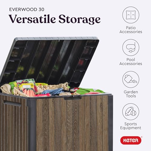 Keter Signature Everwood 30 Gallon Resin Outdoor Storage Box and Patio Furniture Side Table for Pool and Garden Accessories, Walnut