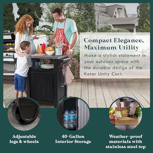 Keter Outdoor Grill Prep Table & Serving Cart, Stainless Steel Top, Unity, 40 Gal, Brown - Portable Bar Table and Cooking Accessory for Pool, Patio, Lawn, and Backyard