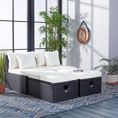 SAFAVIEH Outdoor - Pramla Settee and Ottoman Set - Black & Beige - Steel Frame with Cushion - Coastal Storage Design - Ideal for Patio, Deck, Porch, Backyard (PAT7515A)