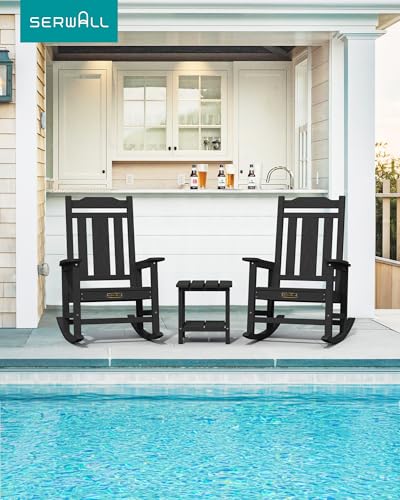 SERWALL Oversized Rocking Chair Outdoor, HDPE Outdoor Rocking Chair for Adults, Heavy Duty Front Porch Rocker Black