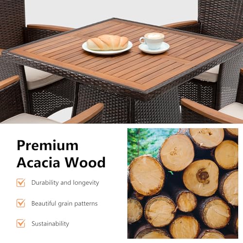 FansaFurn 5 Piece Patio Wicker Dining Sets for 4, Water-Resistant Rattan Outdoor Dining Table and 4 Chairs with Wood Table Top, Conversation Set for Deck, Garden, Backyard, Removable Cushions, Brown